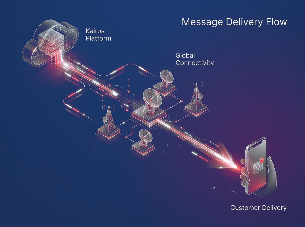Kairos message delivery flow: from the Kairos platform, across global network connectivity, to a customer's phone